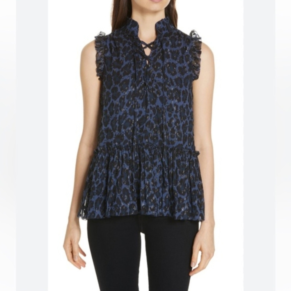 Kate Spade Navy Leopard Print Ruffle Blouse